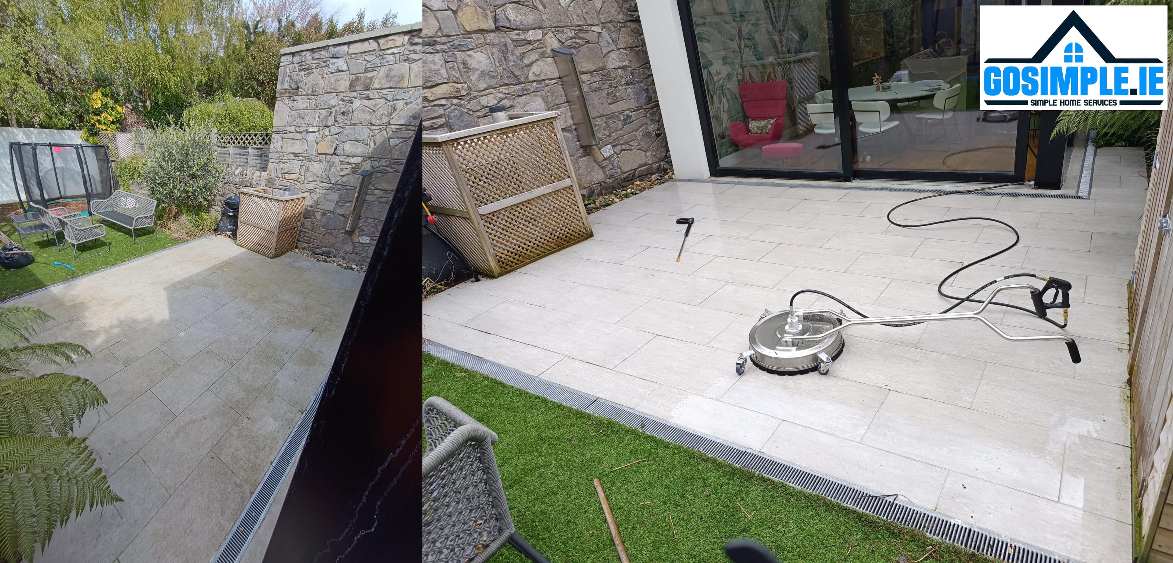 Before and after power washing result on an exterior surface
